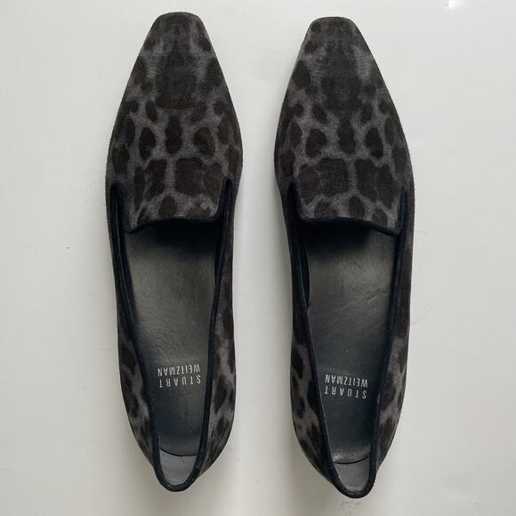 Stuart Weitzman Women's Suede Leopard Print Gray Black Flat Loafers Size 8.5 - Picture 1 of 14